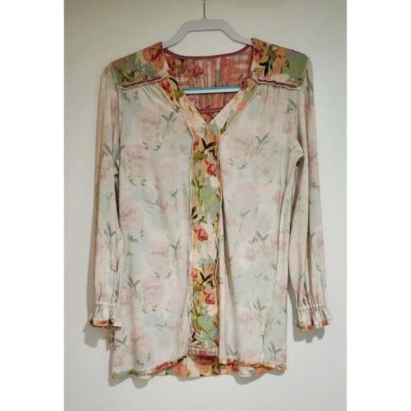 Soft Surroundings Womens V-Neck Long Sleeve Pullover Top Pink Green Floral Sz XS - Picture 5 of 8
